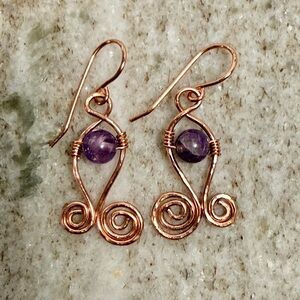 Amethyst Rustic Hammered Cooper Wire Wrapped Fish Dangle Earrings